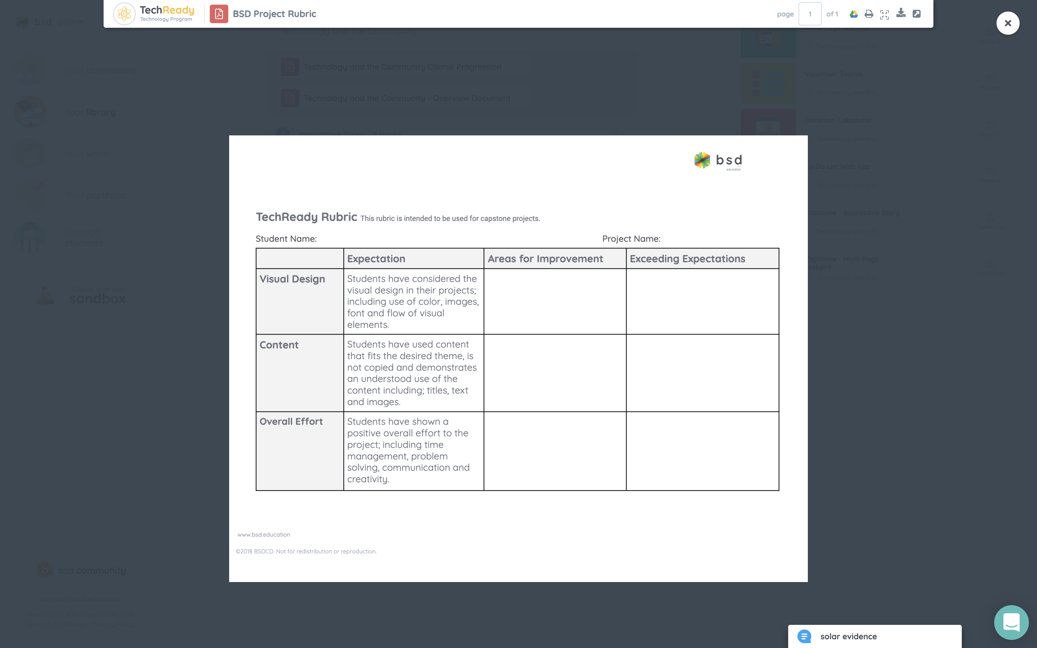 TechReady Rubric screen